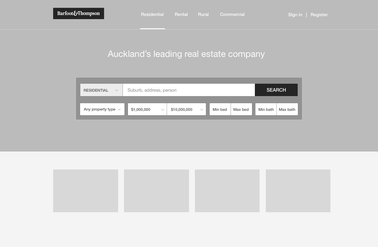 Wireframe concept 1: barfoot.co.nz homepage 