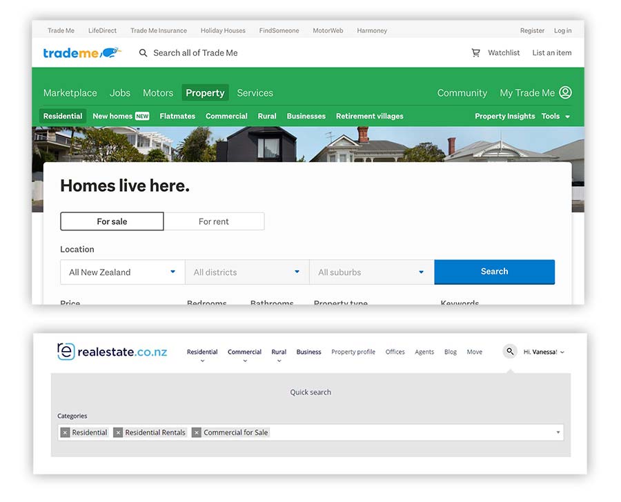 Trademe property homepage