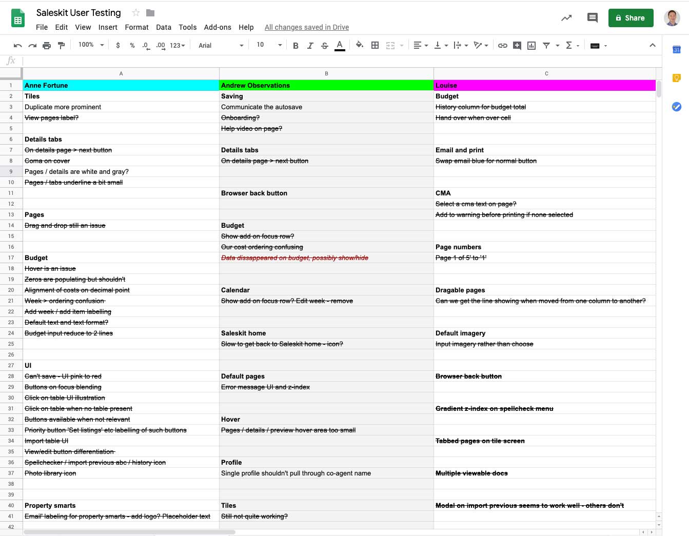 Spreadsheet of user feedback issues
