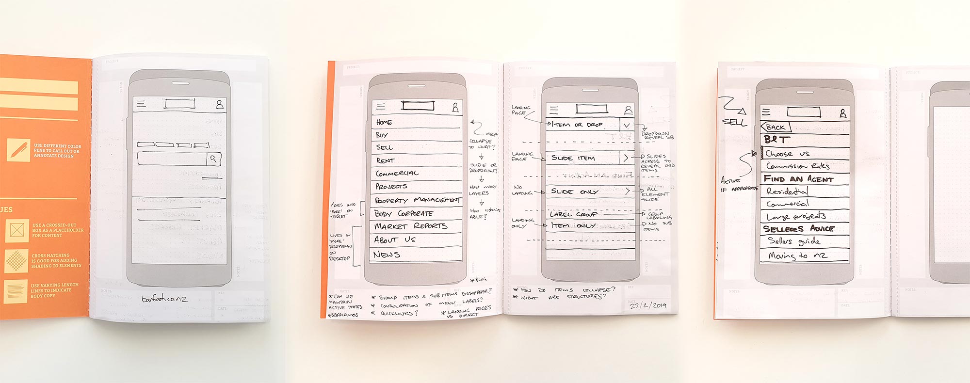 Sketchbook drawings of mobile web interface